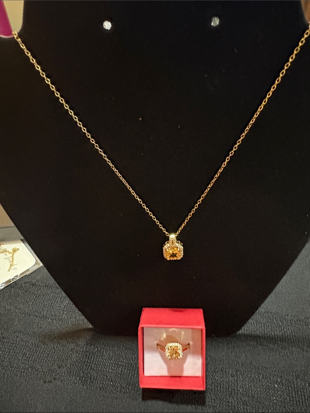 Gold-Tone Citrine Pendant Necklace and Ring Set
